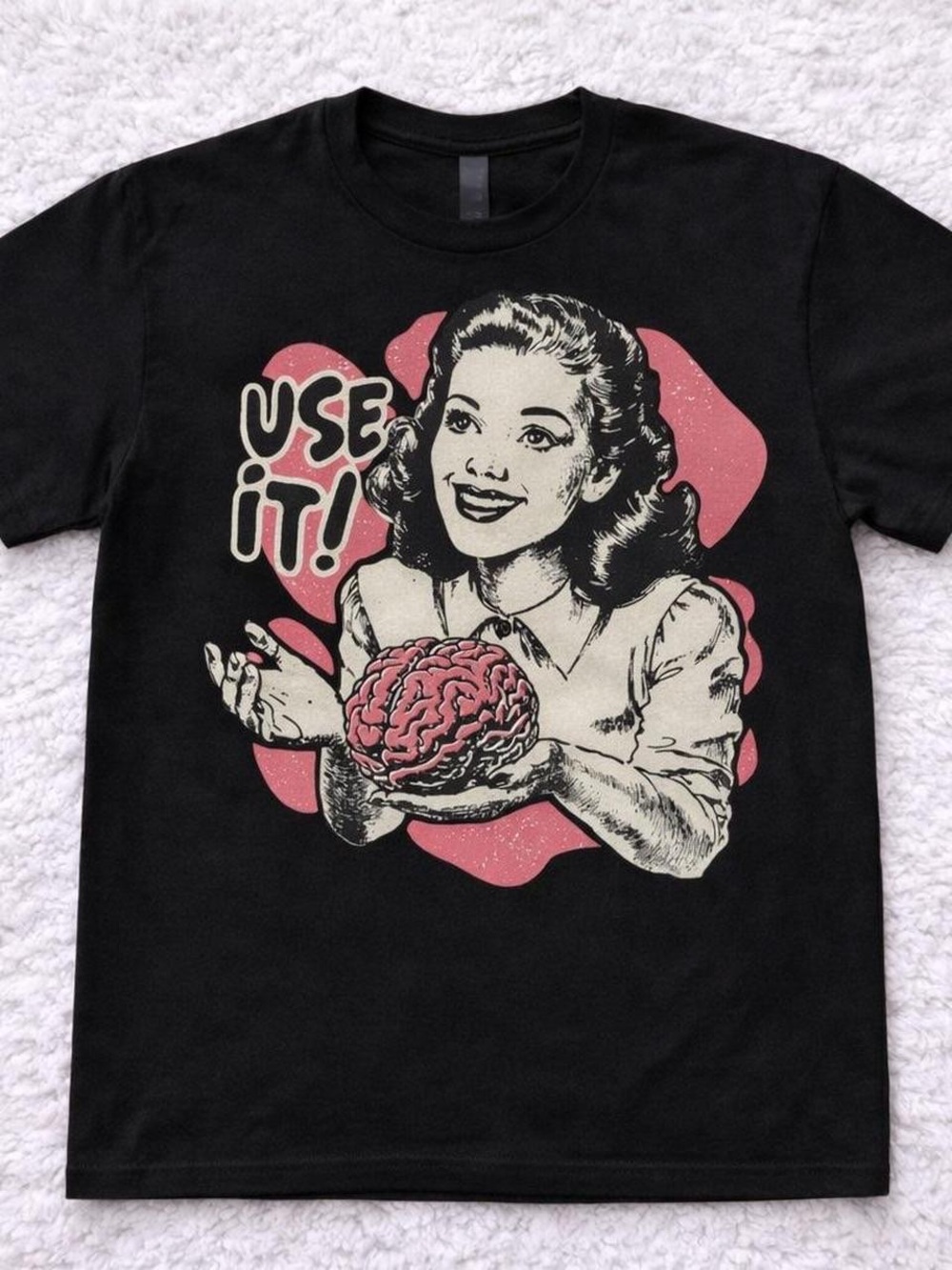Gildan Black Graphic Tee with Pink Retro Illustration